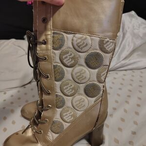 Rocawear Metallic Gold Lace-Up Mid-Calf Boots with Patterned Side Panels